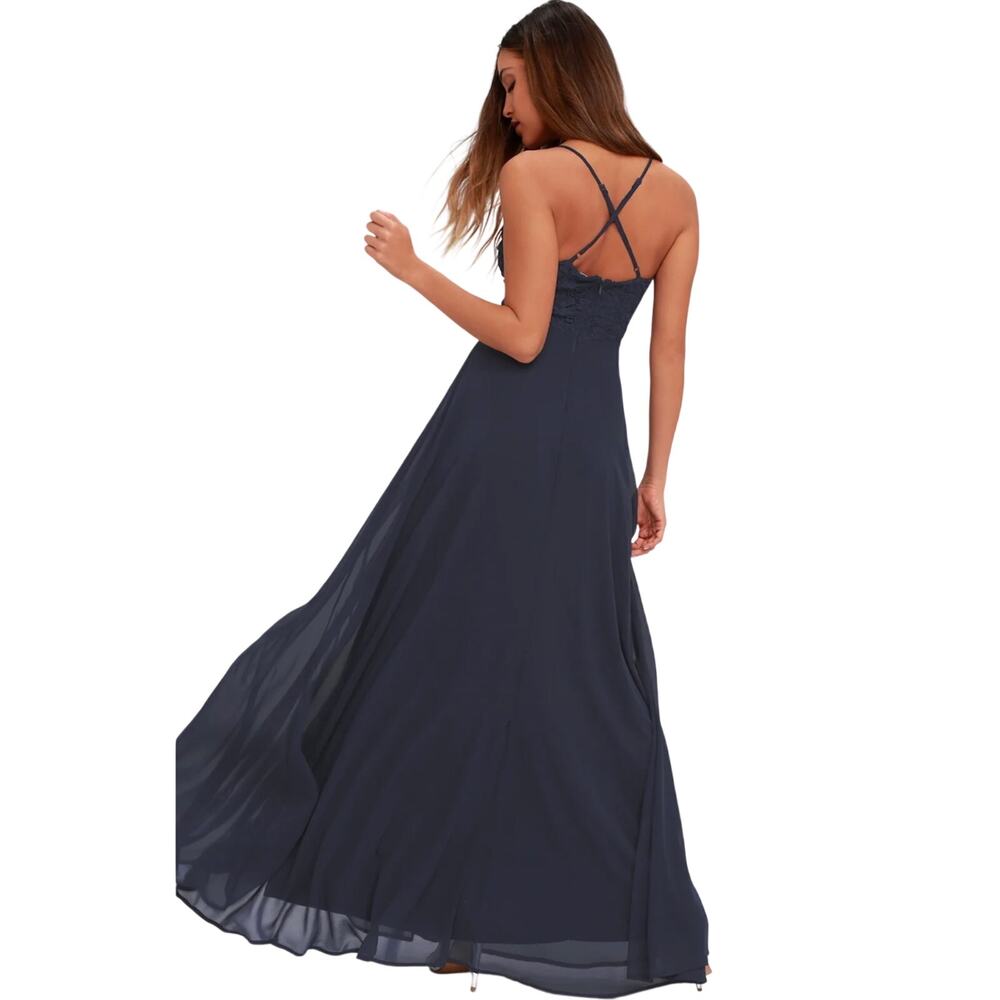 NWT LULU’s Women’s Navy Blue Chiffon Lace Maxi Full Length Dress Gown - Picture 4 of 9